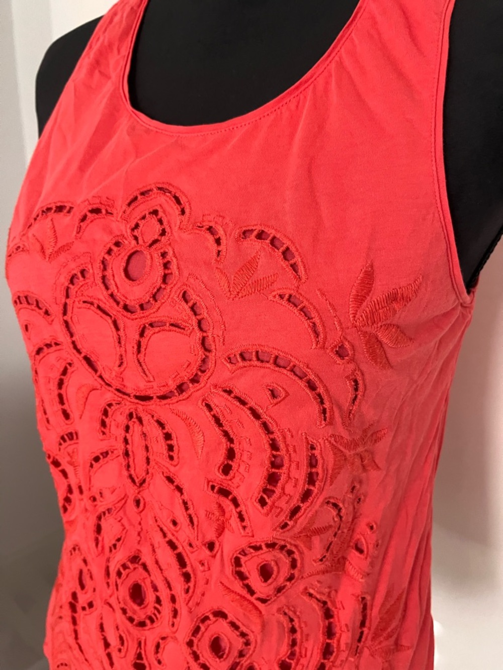J. Crew Coral Red Embroidered Cutout Tank Top